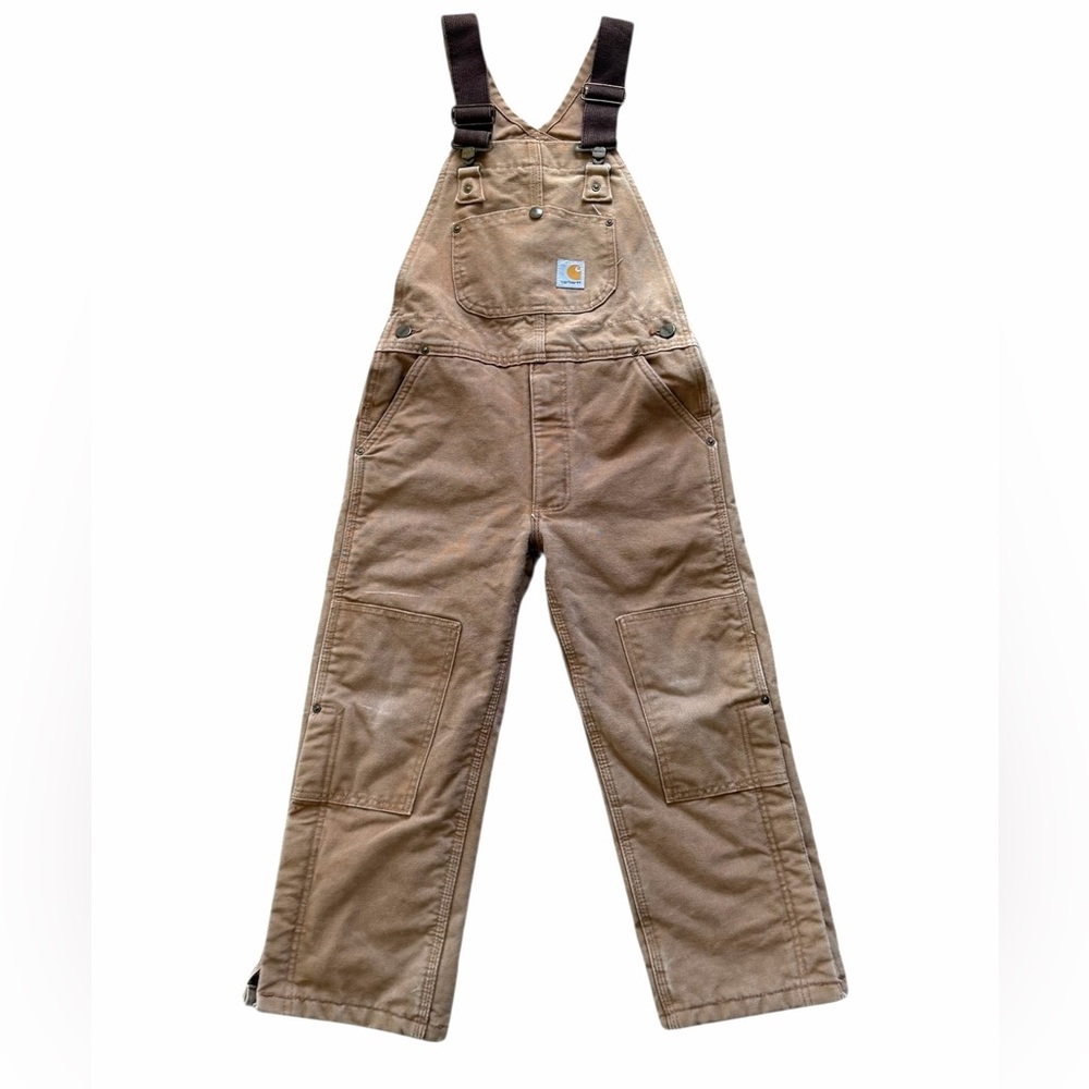 Carhartt Duck Bib Overalls Boys Medium/8 Brown Quilted Lining Workwear Outdoor